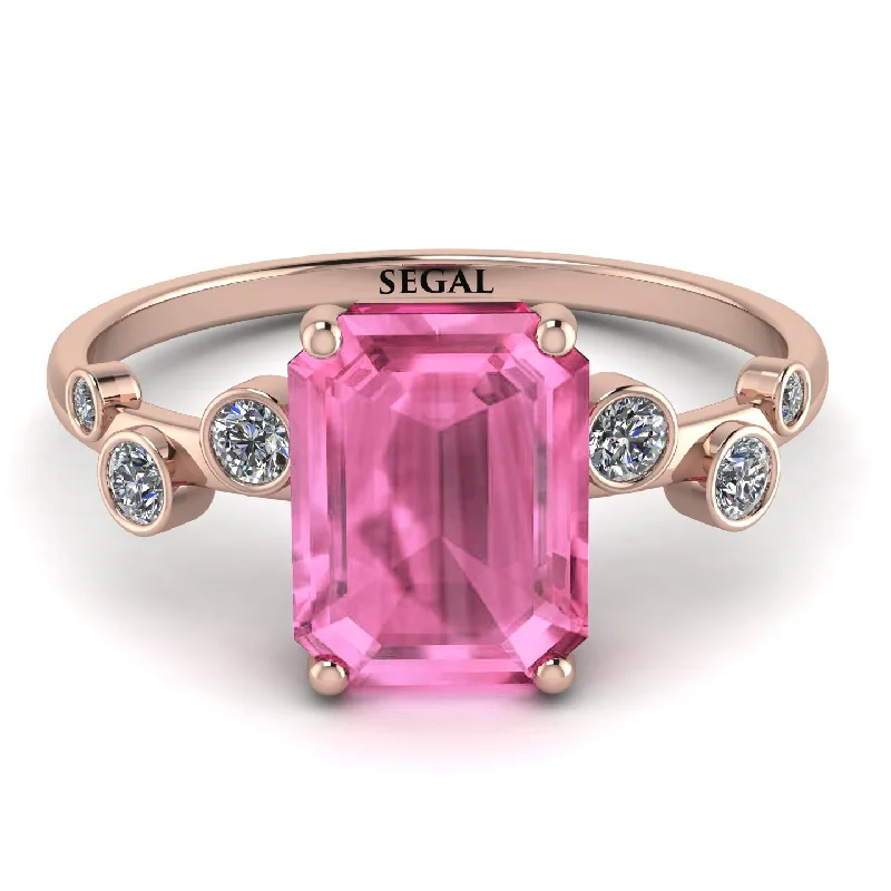 Vintage Gold Ring for Women-Emerald Cut Pink Moissanite Ring With Bezel - Alina No. 802