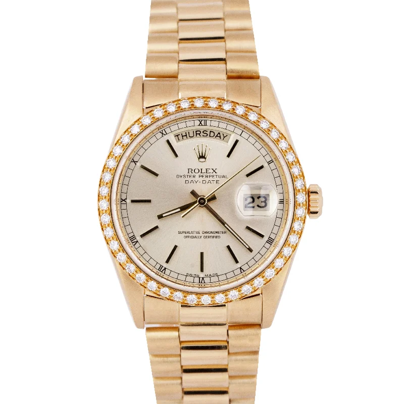 Best Watches for Running and Sports-Rolex Day-Date President 36mm Silver FACTORY DIAMOND 18K Yellow Gold Watch 18048