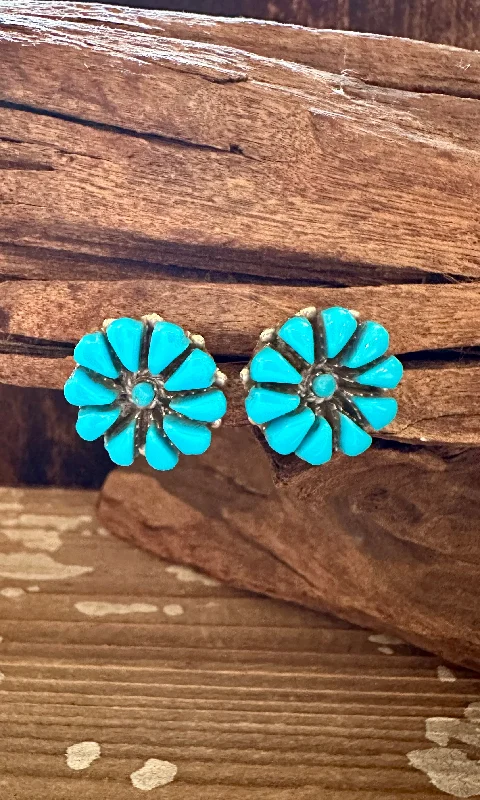 Multi-color Earrings for Fashionistas-BLUE FLOWER CLUSTERS Sterling Silver & Turquoise Stud Earrings