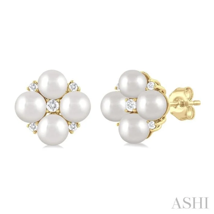 Elegant Earrings for Formal Wear-1/10 ctw Floral 4X4MM Cultured Pearls and Round Cut Diamond Fashion Stud Earring in 10K Yellow Gold