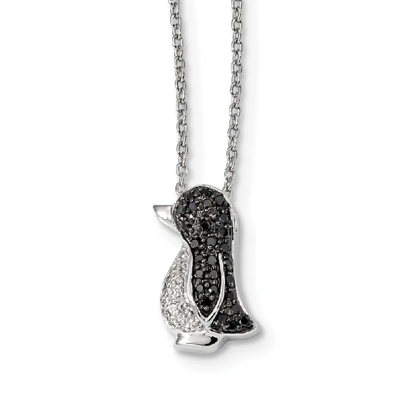 Sparkling Silver Necklace for Special Events-1/5 Cttw Black & White Diamond Penguin Necklace in Sterling Silver