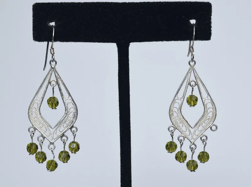 Silver Earrings for Elegant Looks-Sterling Silver Filigree Green Glass Bead Dangle Earrings