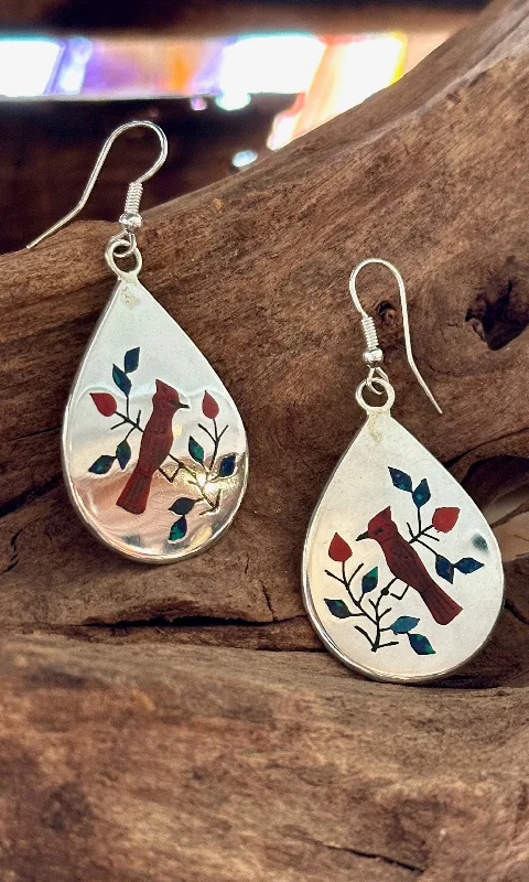 Gold Earrings for Formal Occasions-RAYMOND BOYD Navajo, Cardinal Multi-Stone Inlay Sterling Silver Dangle Earrings