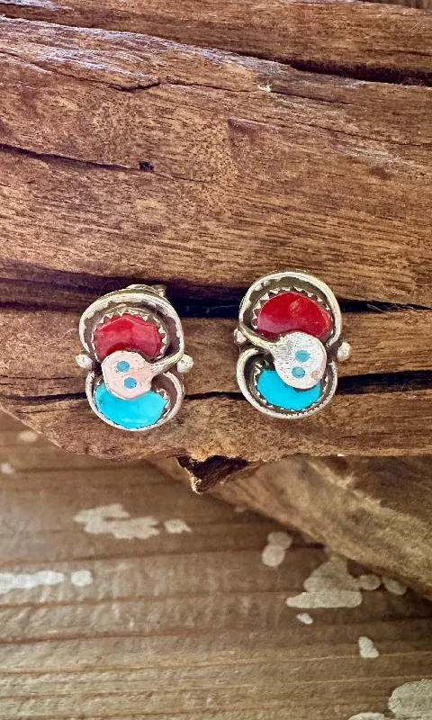 Timeless Earrings for Special Occasions-EFFIE CALAVAZA Zuni Handmade Sterling Silver, Turquoise and Coral Snake Earrings