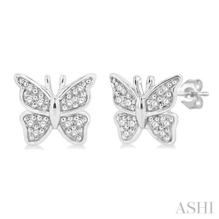 Flower Shaped Earrings-1/10 ctw Petite Butterfly Round Cut Diamond Fashion Stud Earring in 10K White Gold