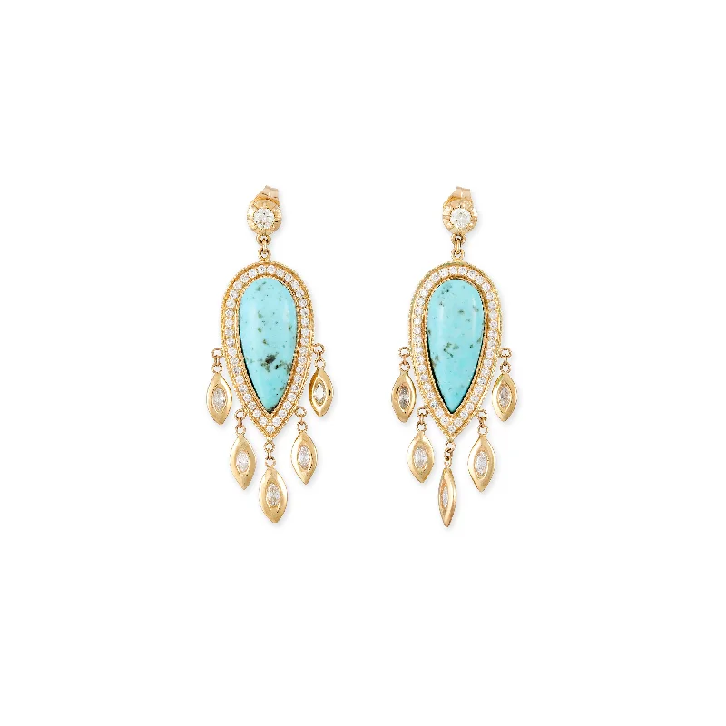 Beautiful Earrings for Fashionable Look-PAVE TURQUOISE TEARDROP + MARQUISE DIAMOND SHAKERS DROP EARRINGS