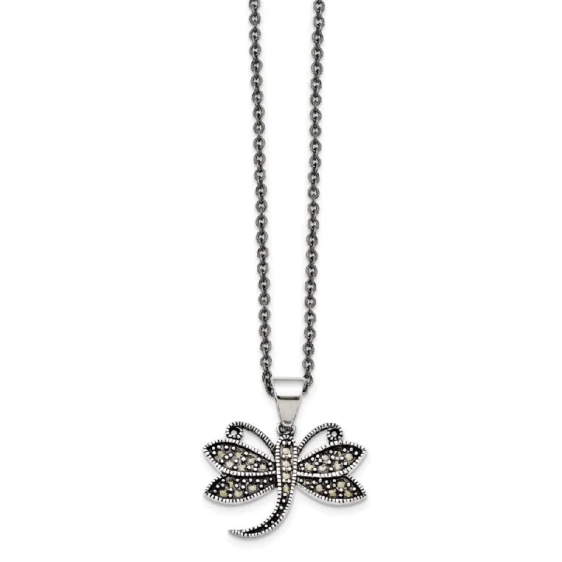 Custom Name Necklace for Kids-Marcasite Dragonfly Necklace in Antiqued Stainless Steel, 18 Inch