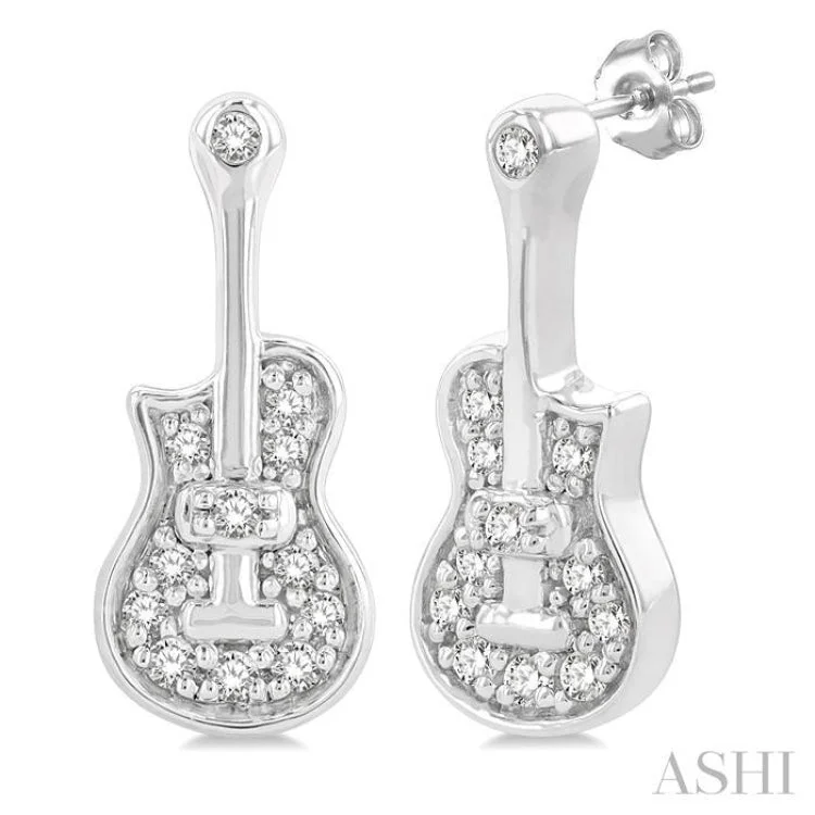 Ethnic Earrings for Traditional Wear-1/10 ctw Petite Guitar Round Cut Diamond Fashion Stud Earring in 10K White Gold