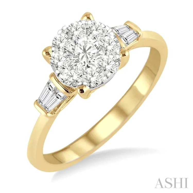 Custom Wedding Ring for Special Day-3/4 Ctw Round and Baguette Diamond Lovebright Engagement Ring in 14K Yellow and White gold