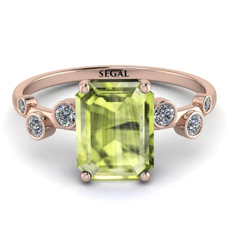 Personalized Ring with Custom Engraving-Emerald Cut Peridot Ring With Bezel - Alina No. 702