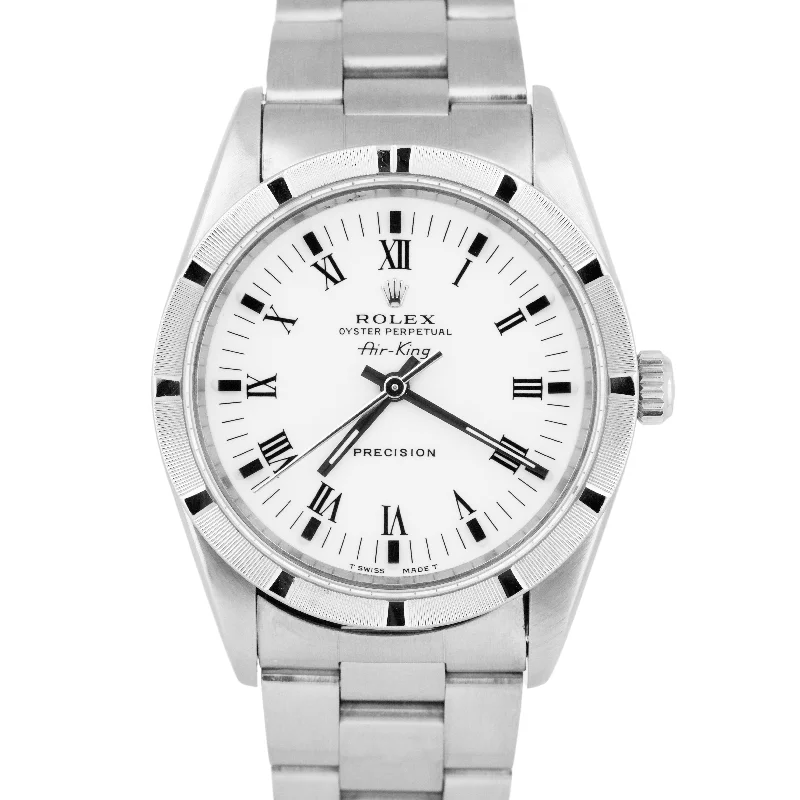 Digital Watches for Men and Women-Rolex Oyster Perpetual Air-King White Roman Dial 14010 Steel NO-HOLES 34mm Watch