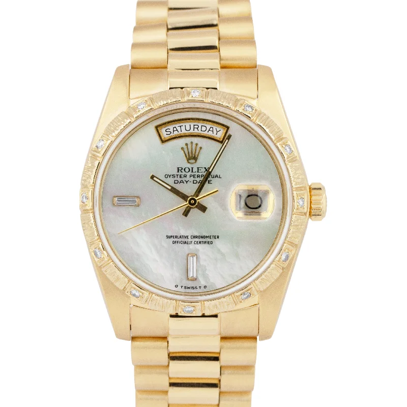 Stylish Watches for Minimalist Look-Rolex Day-Date President Mother Of Pearl DIAMOND Dial 36mm 18K Gold Watch 18038