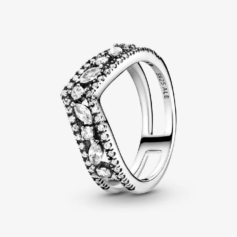 Modern Wedding Ring Set for Women-PANDORA : Sparkling Marquise Double Wishbone Ring