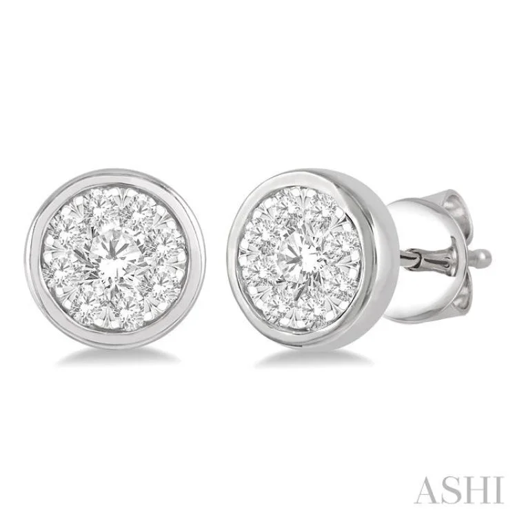 Elegant Earrings for Formal Wear-1/3 ctw Medallion Lovebright Round Cut Diamond Bezel Stud Earring in 14K White Gold