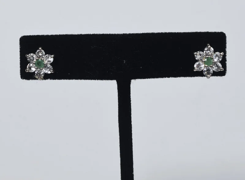 Unique Earrings for Special Occasions-Emerald and Cubic Zirconia Flower Sterling Silver Stud Earrings