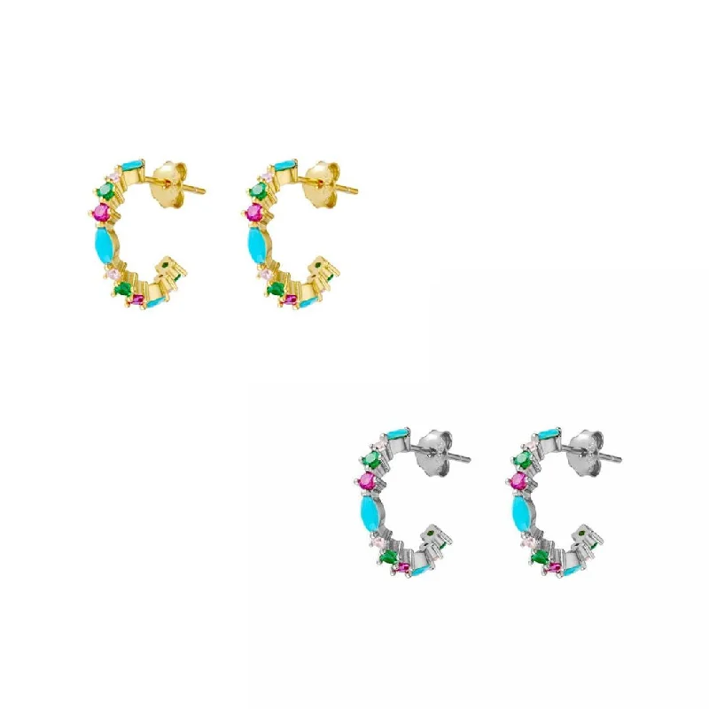 Geometric Earrings for Women-Sterling Silver Earrings - Multi-coloured CZ Hoop