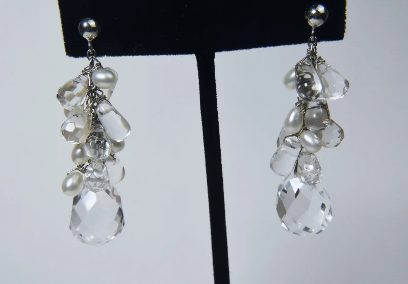 Sterling Silver Hoop Earrings-Diana Venezia - Faceted Quartz and Pearls Sterling Silver Dangle Earrings