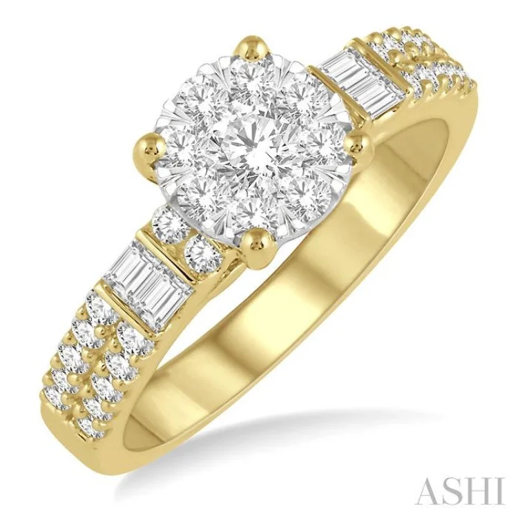 Handcrafted Engagement Ring for Women-7/8 Ctw Round and Baguette Diamond Lovebright Engagement Ring in 14K Yellow and White gold