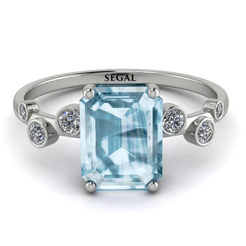 Elegant Engagement Ring with Diamond Accents-Emerald Cut Aquamarine Ring With Bezel - Alina No. 403