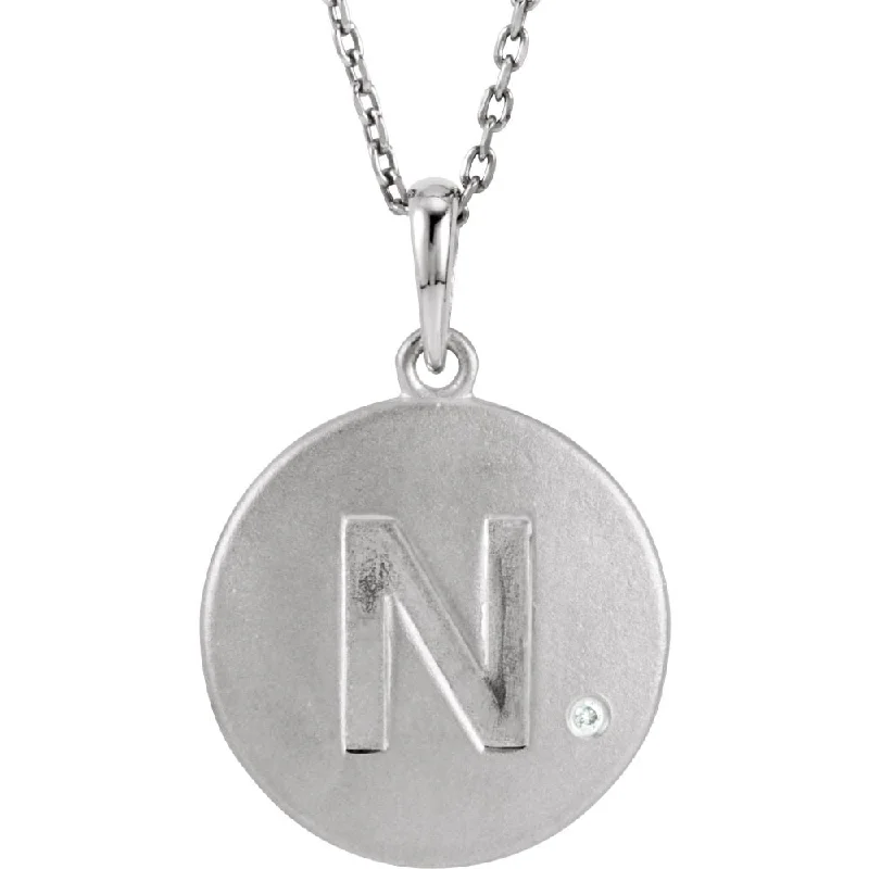 Sterling Silver Necklace for Formal Wear-The Emma Sterling Silver Diamond Block Initial N Disc Necklace, 18 In.