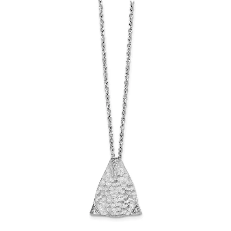 Long Pendant Necklace-Hammered Triangle Diamond Necklace, Rhodium Plated Silver, 18-20 Inch