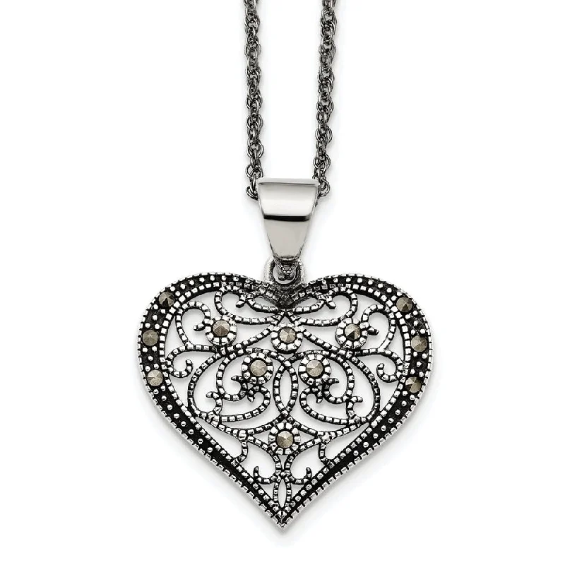 Gemstone Necklace for Evening Wear-Marcasite Scroll Heart Necklace in Antiqued Stainless Steel, 20 Inch