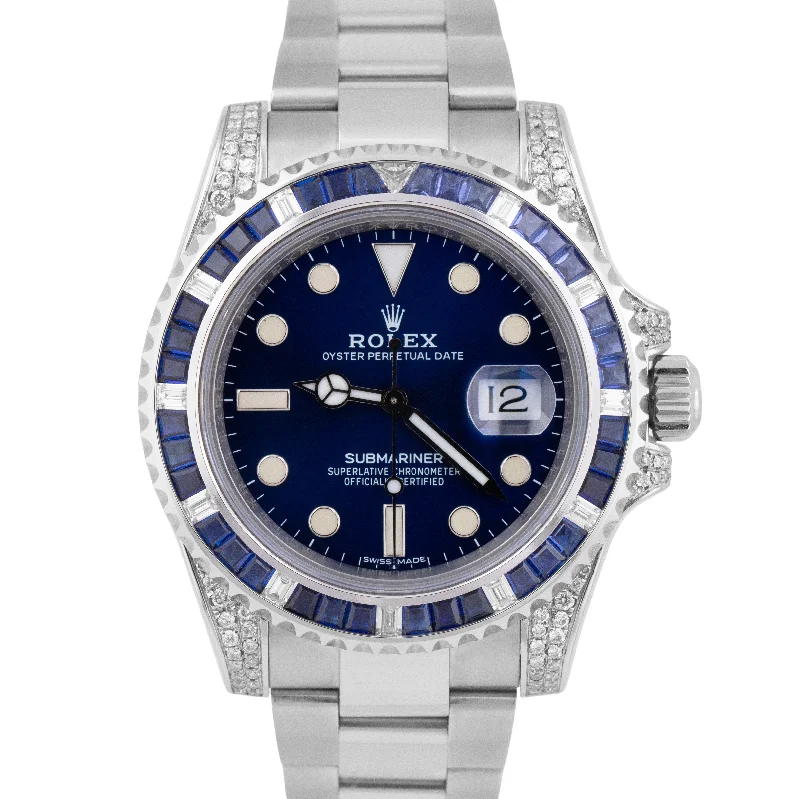 Best Watches for Marathon Runners-Rolex Submariner Date Blue DIAMOND SAPPHIRE Bezel Lugs 40mm Oyster Watch 116610