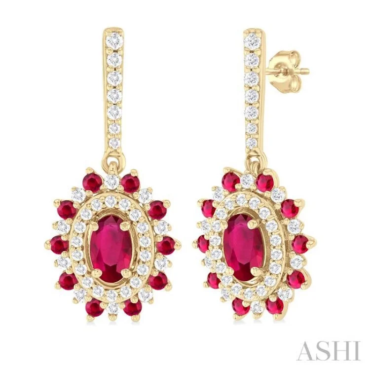 Minimalist Earrings for Daily Wear-1/3 ctw 5X3MM & 1.45MM Ruby and Round Cut Diamond Precious Earring in 14K Yellow Gold