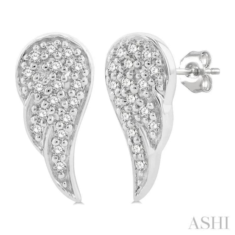 Black Earrings for Evening Wear-1/10 ctw Petite Angel Wings Round Cut Diamond Fashion Stud Earring in 10K White Gold