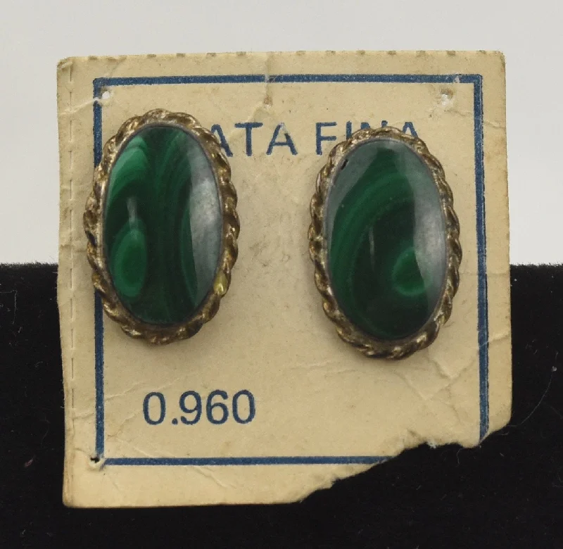 Large Drop Earrings for Fashion-960 Silver Oval Malachite Stud Earrings