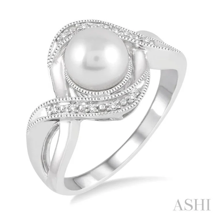 Birthstone Ring for Custom Jewelry-7x7 MM Cultured Pearl and 1/20 Ctw Round Cut Diamond Ring in Sterling Silver