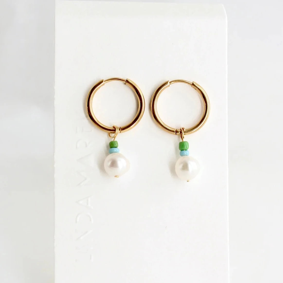 Chunky Earrings for Fashion-Linda Marek Designs - Green Drop Pearl Huggies