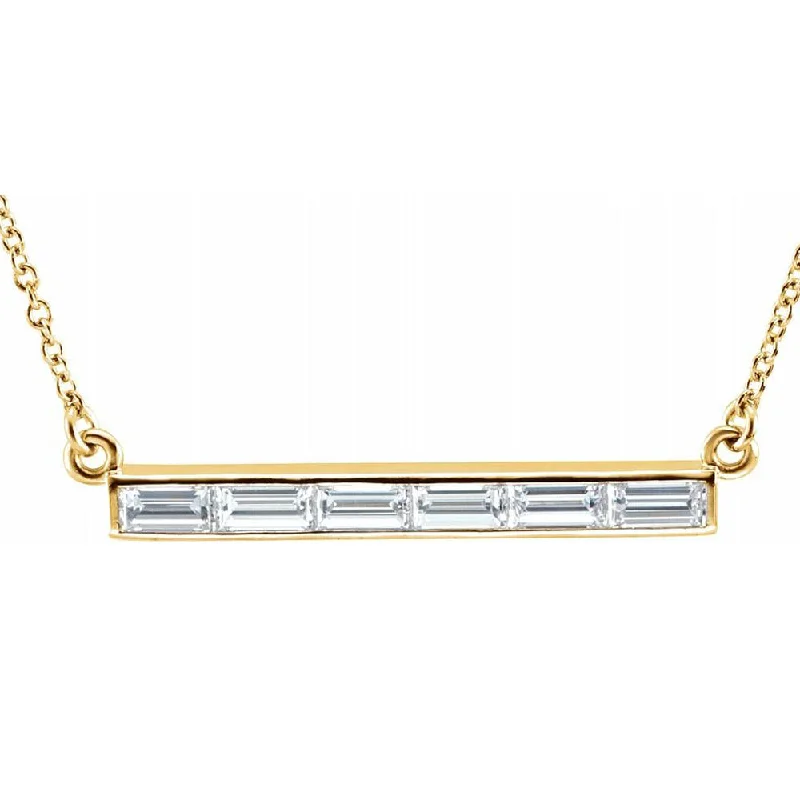 Adjustable Necklace for Comfortable Wear-14k Yellow Gold & Diamond 4 or 6 Stone Baguette Bar Necklace, 17 Inch