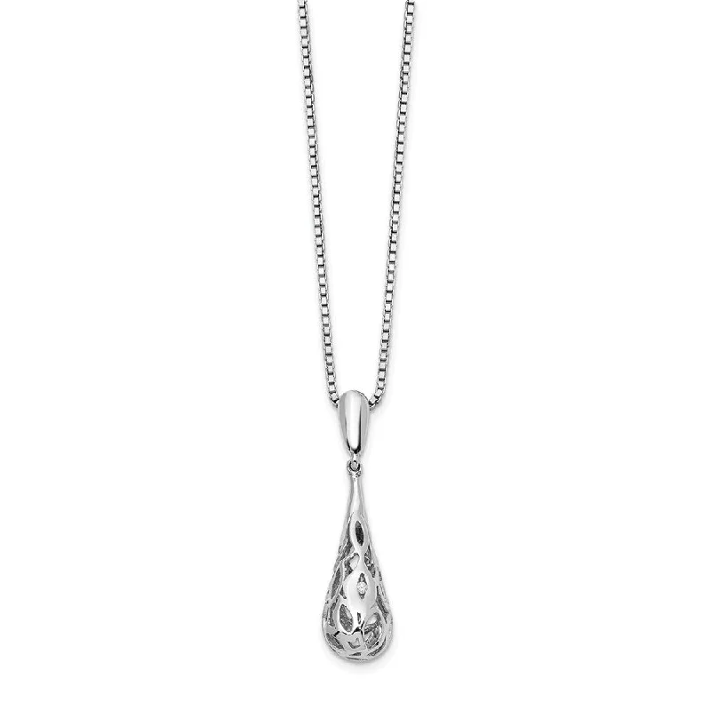 Rose Gold Necklace for Women-3D Filigree Diamond Tear Necklace in Rhodium Plated Silver, 18-20 Inch