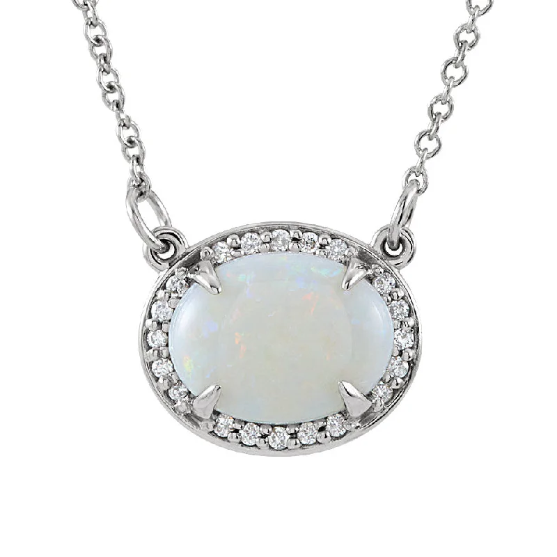 Simple Gold Chain Necklace for Women-Oval White Opal & .05 Ctw Diamond 14k White Gold Necklace, 16.5 Inch