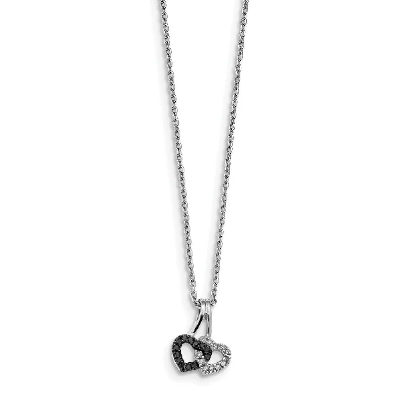 Simple Gold Necklace for Daily Wear-Small Black & White Diamond Double Heart Necklace in Sterling Silver