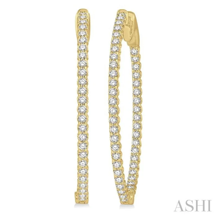 Statement Earrings for Bold Fashion-1 Ctw Inside-Out Round Cut Diamond Oval Shape Hoop Earrings in 14K Yellow Gold