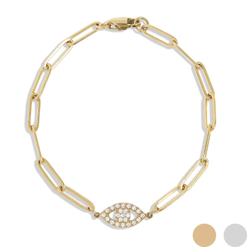 Beautiful Bead Bracelet for Casual Wear-18K Gold PVD Stainless Steel Stone "Evil Eye" Paperclip Chain Bracelet / BRJ1005