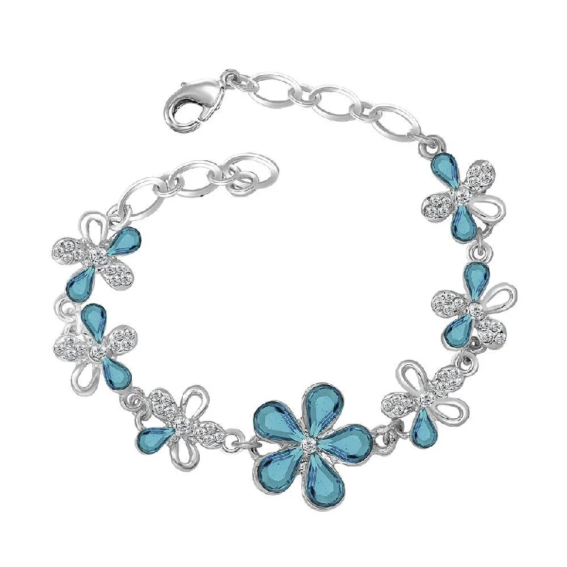 Adjustable Bangles for Wedding Day-Mahi Floral Rhodium Plated Exquisite Floral Link Bracelet - BR2100298RBlu