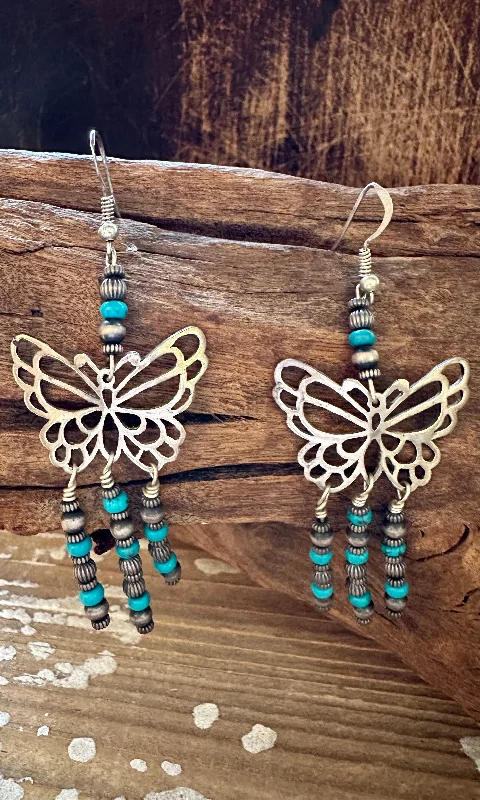 Dangle Earrings for Women-TURQUOISE BEADED BUTTERFLIES Sterling Silver Dangle Earrings