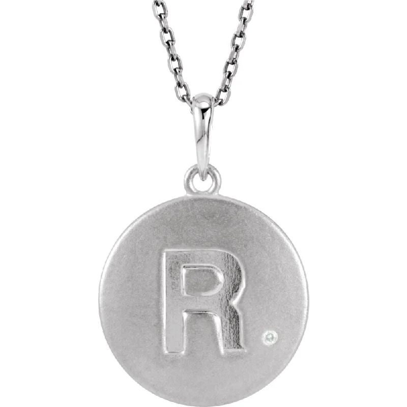 Silver Necklace for Everyday Wear-The Emma Sterling Silver Diamond Block Initial R Disc Necklace, 18 In.