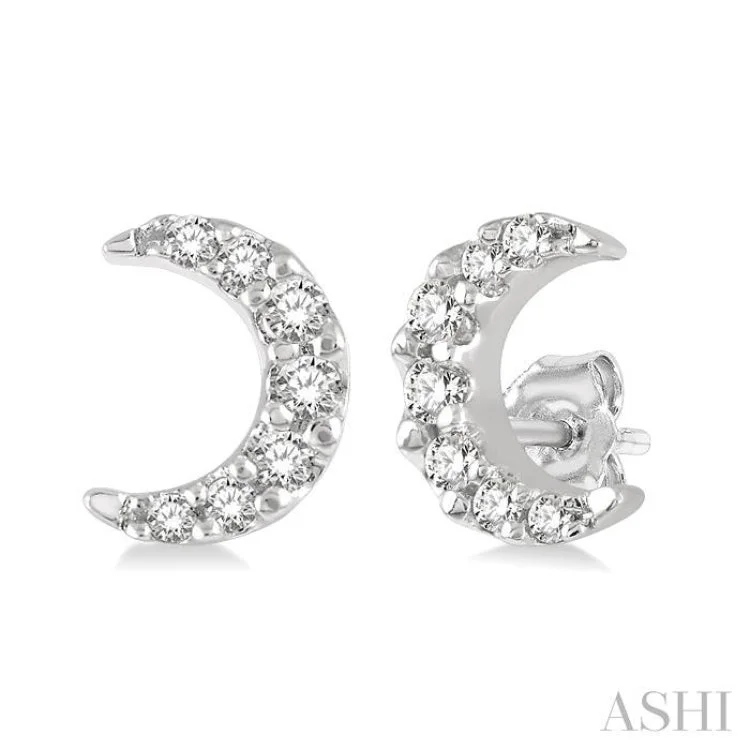 Artistic Pearl Earrings-1/10 Ctw Crescent Moon Round Cut Diamond Petite Fashion Earring in 14K White Gold