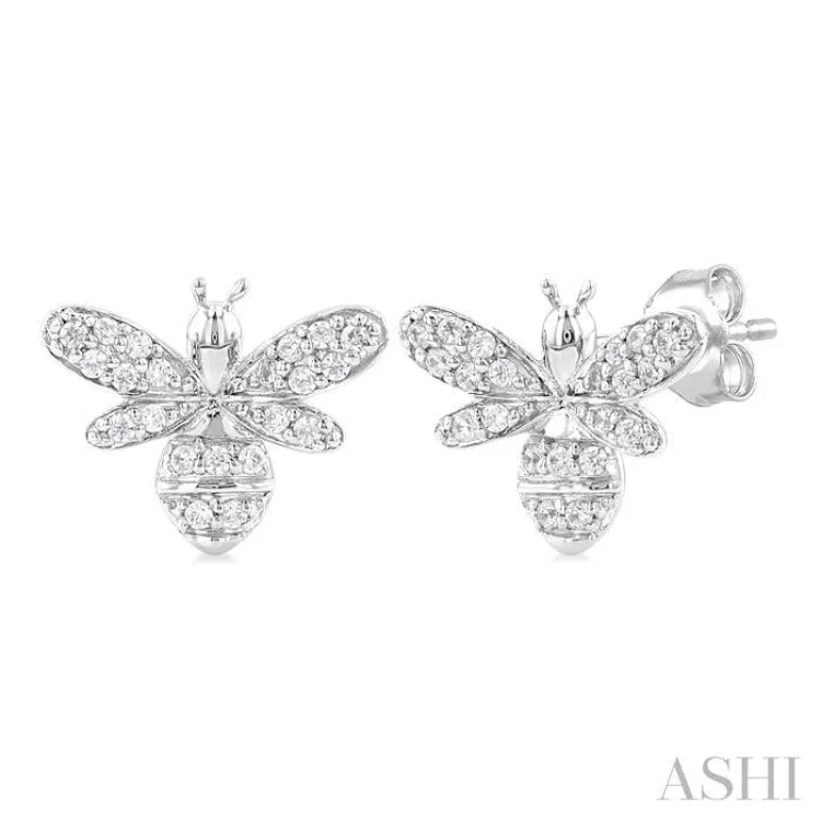 Diamond Drop Earrings-1/8 ctw Petite Bumble Bee Round Cut Diamond Fashion Stud Earring in 10K White Gold