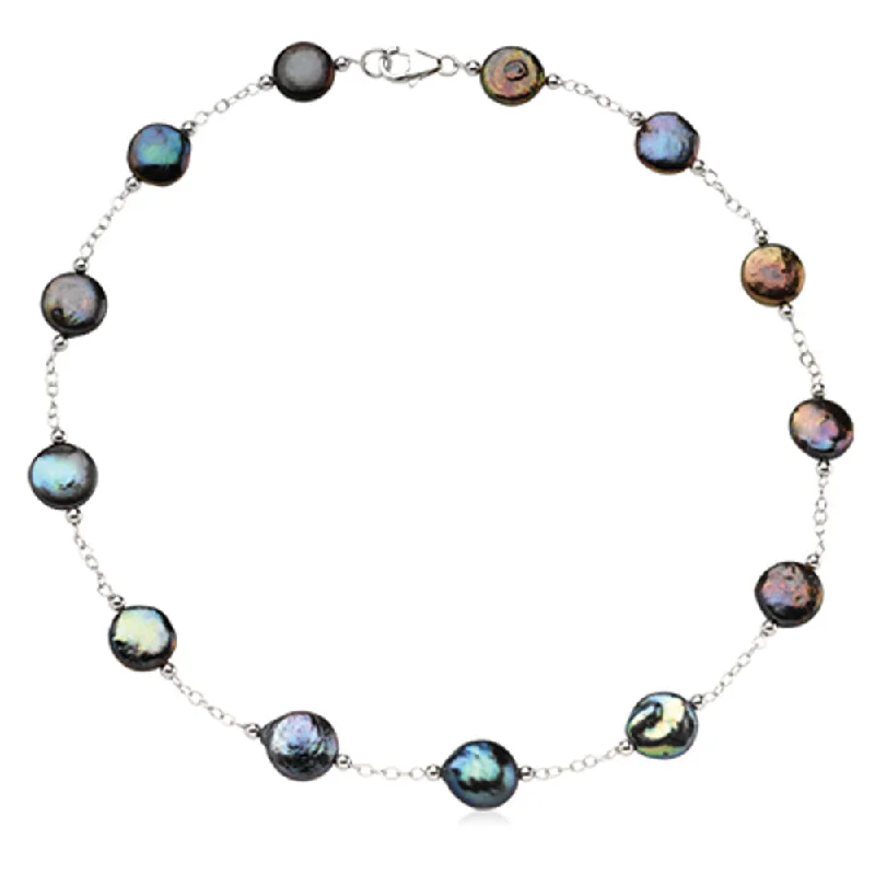 Layered Chain Necklace for Fashionistas-12-13mm Black FW Cultured Coin Pearl & Sterling Silver 18-In Necklace