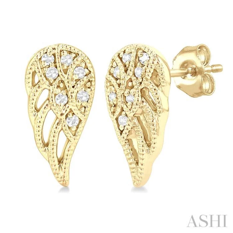 Elegant Hoop Earrings-1/20 ctw Petite Angel Wings Round Cut Diamond Fashion Stud Earring in 10K Yellow Gold