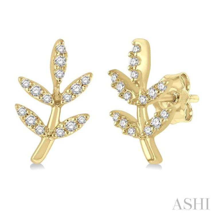 Classic Gold Earrings for Women-1/8 Ctw Leaf Motif Round Cut Diamond Petite Fashion Earring in 14K Yellow Gold