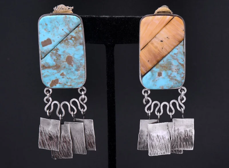 High Fashion Earrings for Women-Consuelo Campos - Vintage Handmade Turquoise and Shell Sterling Silver Clip On Earrings