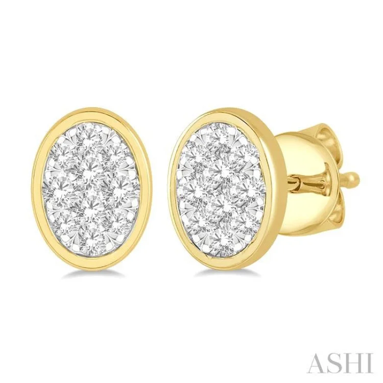 Customizable Earrings for Weddings-1/3 ctw Oval Shape Lovebright Round Cut Diamond Bezel Stud Earring in 14K Yellow and White Gold