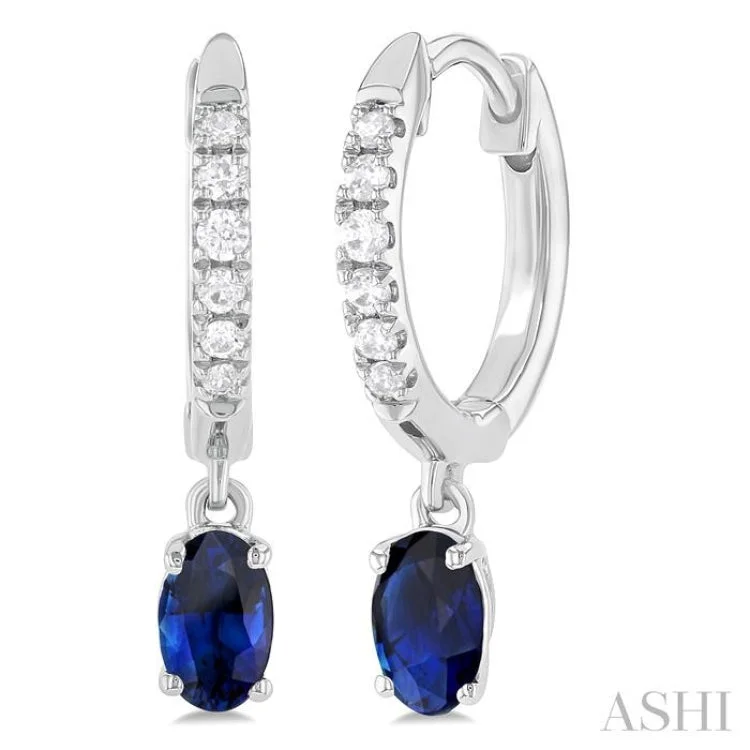 Handmade Earrings for Gift Ideas-1/8 ctw Petite 5X3MM Oval Cut Sapphire and Round Cut Diamond Precious Fashion Huggies in 10K White Gold