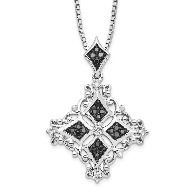 Layered Necklace with Multiple Charms-1/4 Ctw Black & White Diamond Ornate Necklace in Sterling Silver